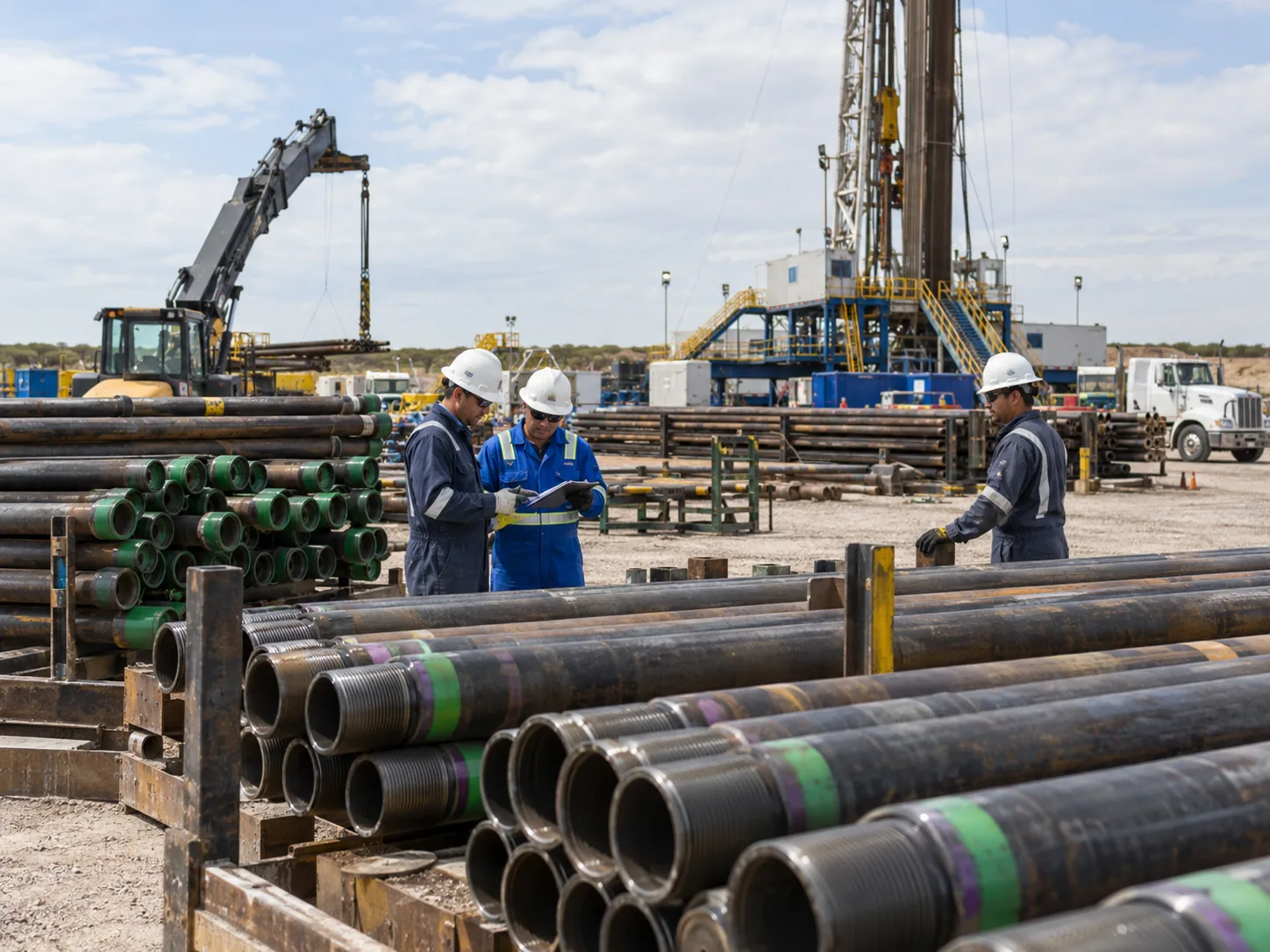 Tubulares de perforación y trabajadores durante operaciones con herramientas petroleras